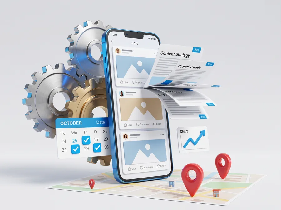 Content machine illustration: gears turning behind a phone publishing blog posts and social content on a schedule